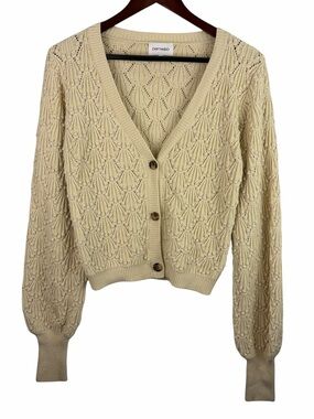 Driftwood | Cream Textured Crop Button Puff Long Sleeve Cardigan Sweater
